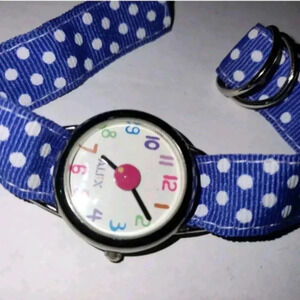 Alex  Wristwatch Silver Tone Blue Polkadot Band Round Face Colorful Numbers